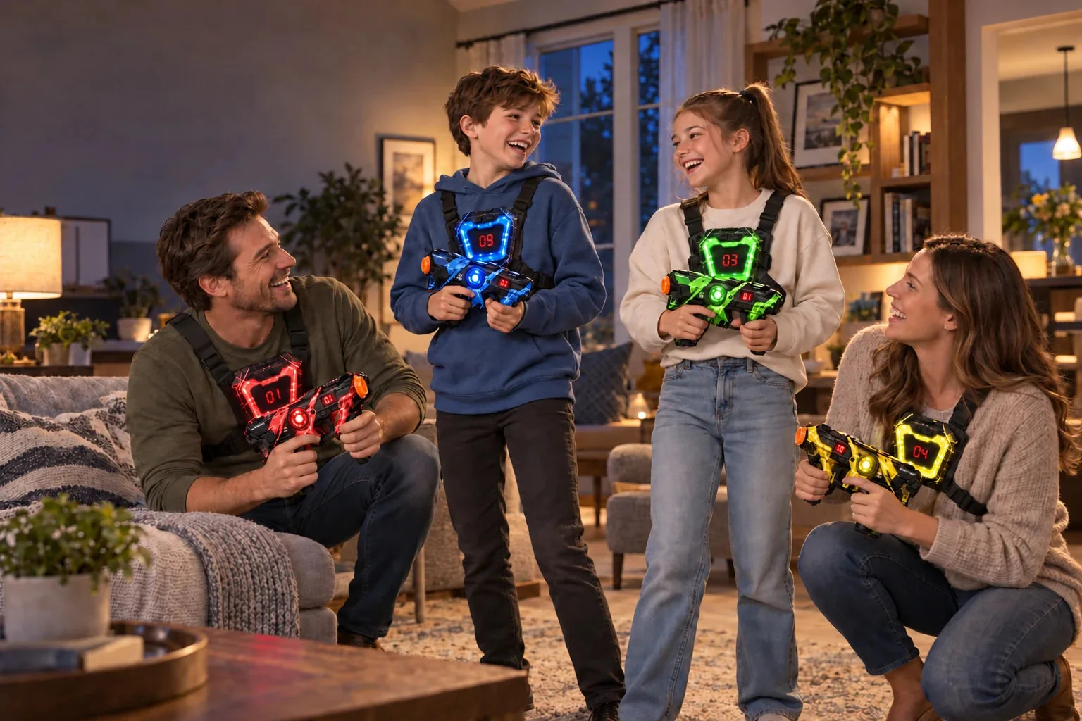 Família jogando laser tag na sala com pistolas e alvos que acendem
