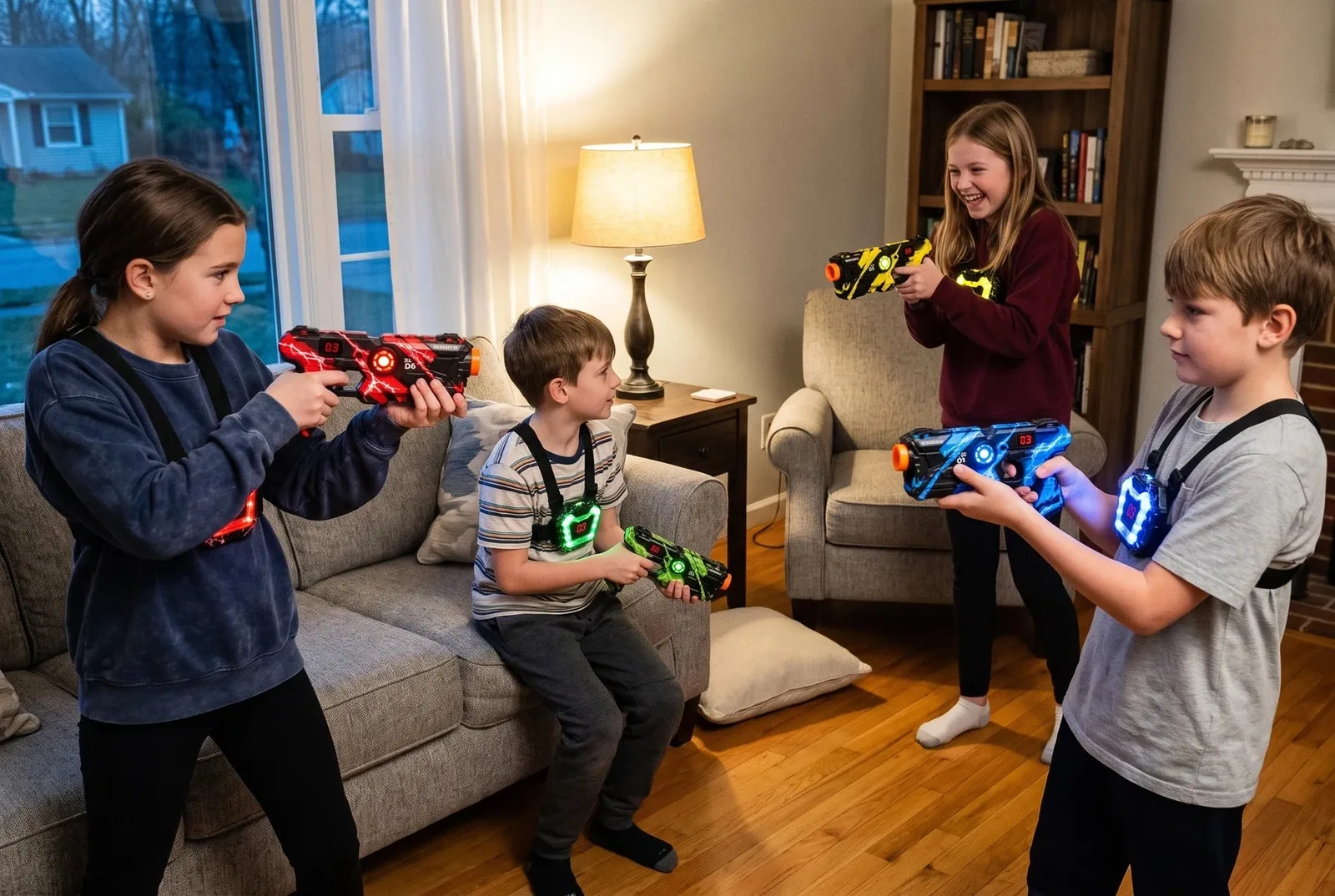 Crianças jogando laser tag na sala de casa